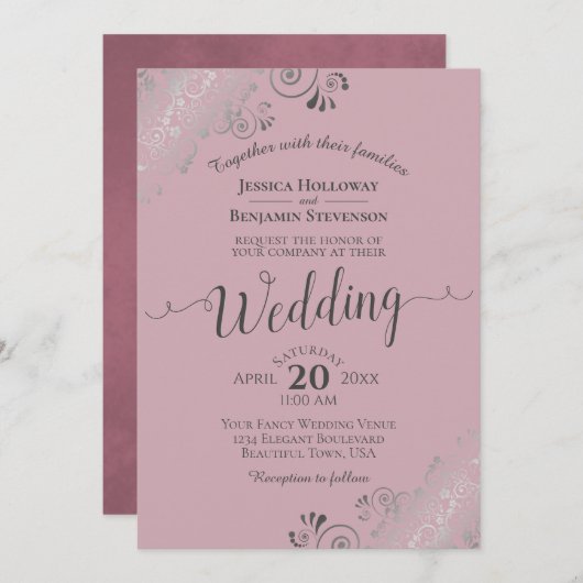 Silver Frills Elegant Dusty Roos Mauve Wedding Kaart (Voorkant / Achterkant)