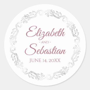 Silver Frills Elegant Dusty Roos & White Wedding Ronde Sticker