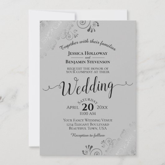 Silver Frills Elegant Grey Wedding Kaart (Voorkant)