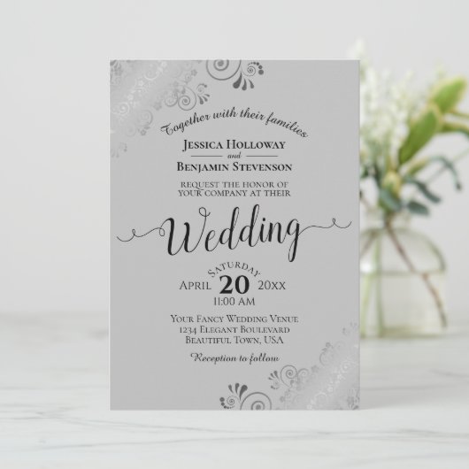 Silver Frills Elegant Grey Wedding Kaart (Staand voorkant)
