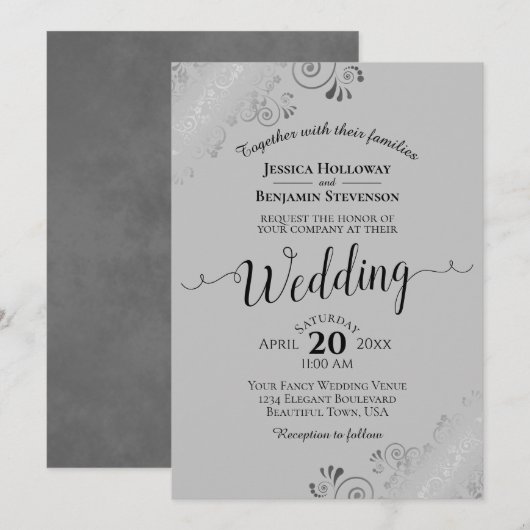 Silver Frills Elegant Grey Wedding Kaart (Voorkant / Achterkant)