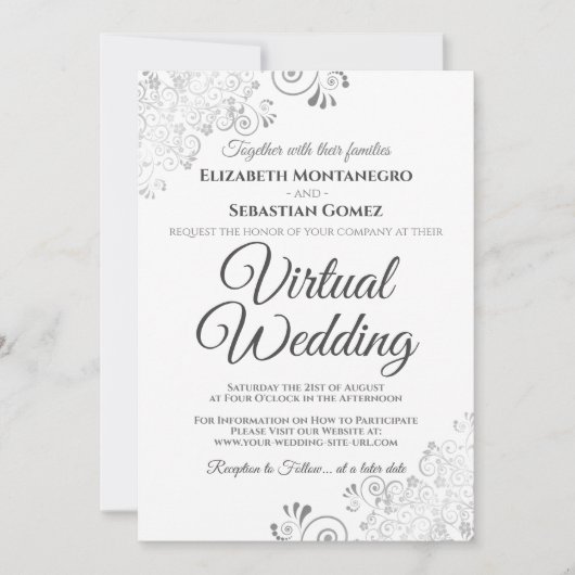 Silver Frills Elegant Grey & White Virtual Wedding Kaart (Voorkant)