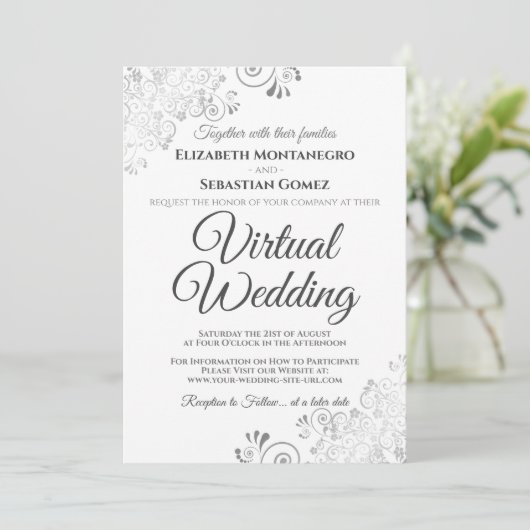 Silver Frills Elegant Grey & White Virtual Wedding Kaart (Staand voorkant)