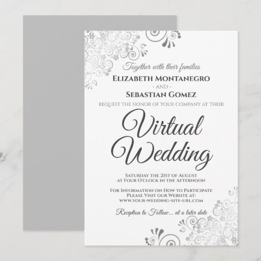 Silver Frills Elegant Grey & White Virtual Wedding Kaart (Voorkant / Achterkant)