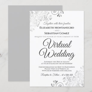 Silver Frills Elegant Grey & White Virtual Wedding Kaart