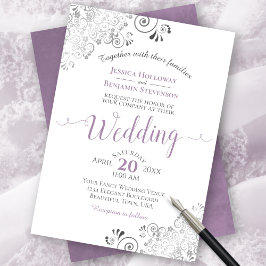 Silver Frills Elegant Lavender on White Wedding Kaart