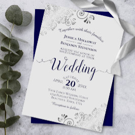 Silver Frills Elegant Navy Blue & Gray Wedding Kaart