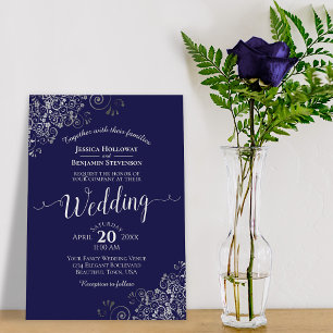 Silver Frills Elegant Navy Blue Wedding Kaart