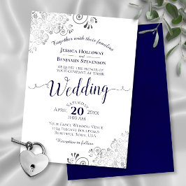 Silver Frills Elegant Navy Blue & White Wedding Kaart