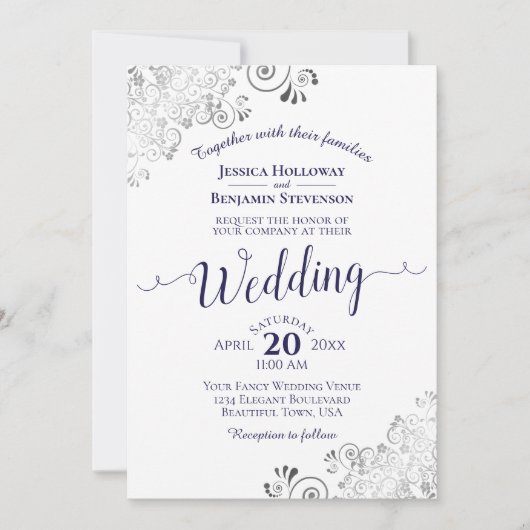 Silver Frills Elegant Navy Blue & White Wedding Kaart (Voorkant)
