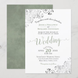 Silver Frills Elegant Sage Green over White Weddin Kaart