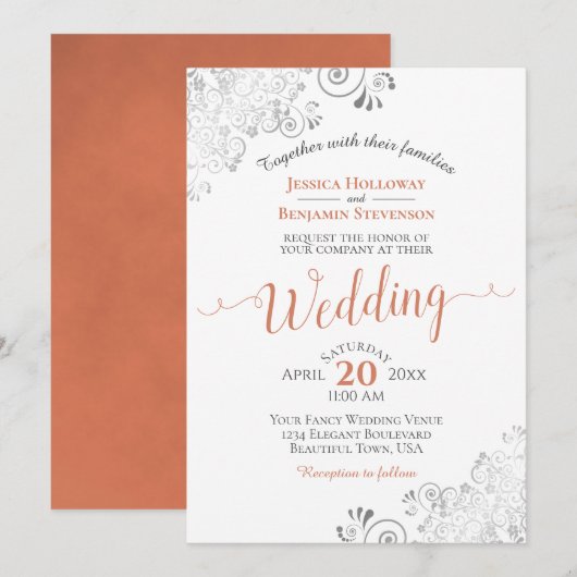 Silver Frills Elegant Terracotta op White Wedding Kaart (Voorkant / Achterkant)