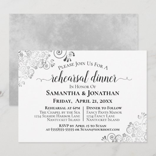 Silver Frills Elegant Wedding Rehearsal & Dinner Kaart (Voorkant / Achterkant)