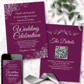 Silver Frills Magenta Plum Elegante QR Code Huweli Kaart