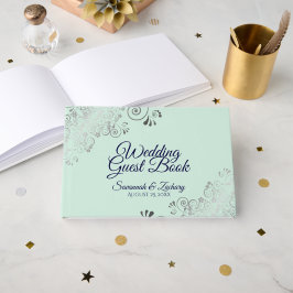 Silver Frills Mint Green & Navy Elegant Wedding Gastenboek