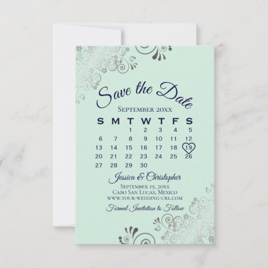 Silver Frills Mint Green & Navy Wedding Calendar Save The Date (Voorkant)