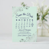 Silver Frills Mint Green & Navy Wedding Calendar Save The Date (Staand voorkant)