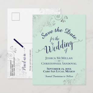 Silver Frills Mint & Navy Bruiloft Save the Date Aankondigingskaart