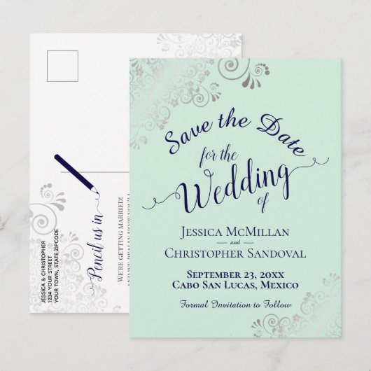Silver Frills Mint & Navy Bruiloft Save the Date Aankondigingskaart (Voorkant / Achterkant)