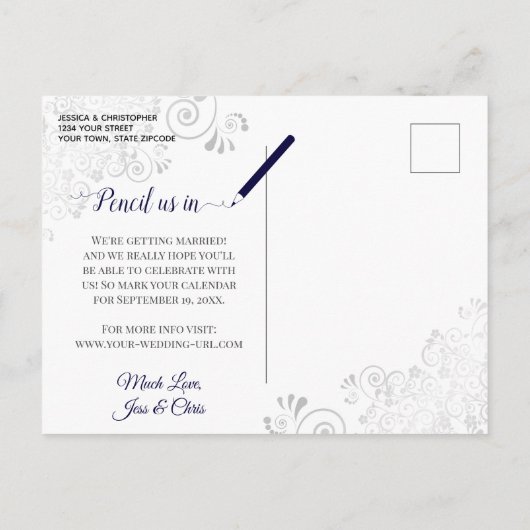 Silver Frills Mint & Navy Bruiloft Save the Date Aankondigingskaart (Achterkant)