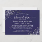 Silver Frills Navy Blue Wedding Rehearsal & Dinner Kaart (Voorkant)