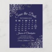 Silver Frills Navy Wedding Save the Date Calendar Aankondigingskaart (Voorkant)
