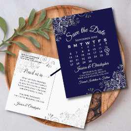 Silver Frills Navy Wedding Save the Date Calendar Aankondigingskaart