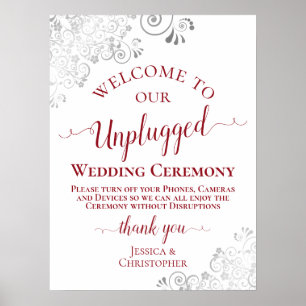 Silver Frills Red Text Unplugging Wedding Ceremony Poster