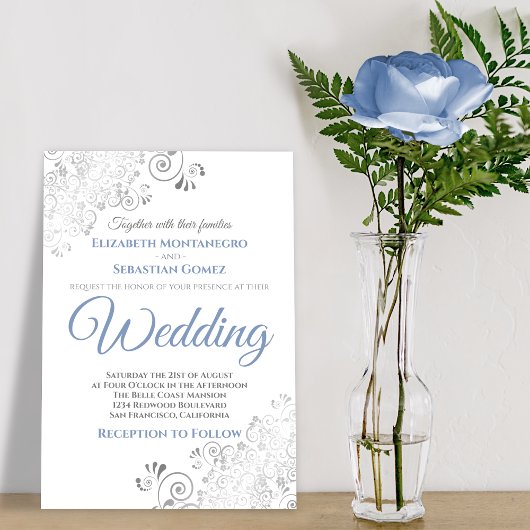 Silver Frills Simple Chic Blue en Grey Wedding Kaart