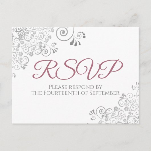 Silver Frills Simple Chic Dusty Roos Wedding RSVP Briefkaart (Voorkant)