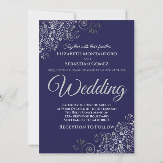 Silver Frills Simple Chic Navy Blue Wedding Kaart (Voorkant)