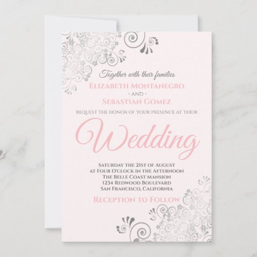 Silver Frills Simple Chic Pink and Grey Wedding Kaart (Voorkant)