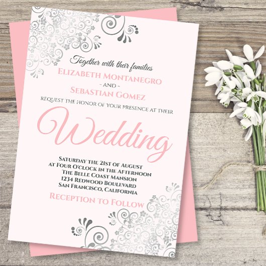Silver Frills Simple Chic Pink and Grey Wedding Kaart