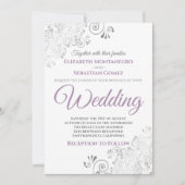 Silver Frills Simple Paars Grey & White Wedding Kaart (Voorkant)
