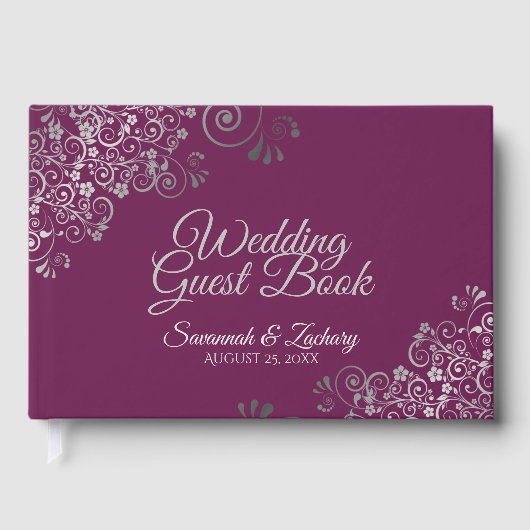Silver Frilly Filigree Elegant Cassis Wedding Gastenboek (Voorkant)
