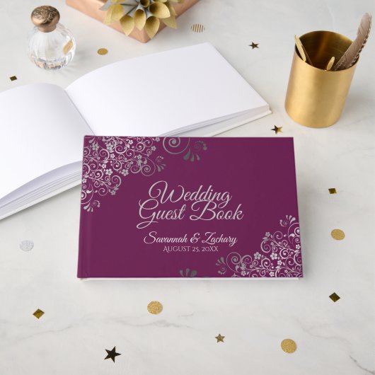 Silver Frilly Filigree Elegant Cassis Wedding Gastenboek (Voorkant open)