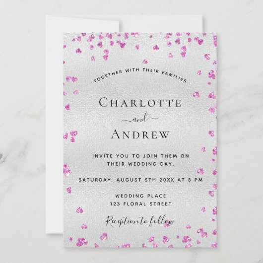 Silver fuchsia harten budget bruiloft kaart (Voorkant)