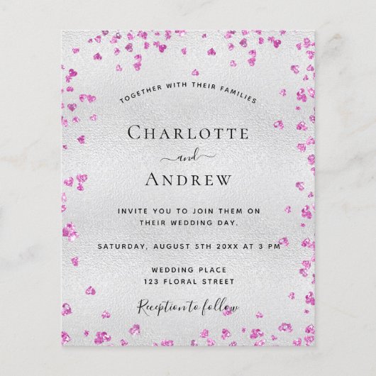 Silver fuchsia harten budget bruiloft uitnodiging (Voorkant)