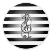 Silver G Clef ~ Musical Scroll ~ B/W Striped ~*~ Keramische Knop (Voorkant)