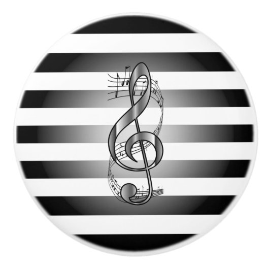 Silver G Clef ~ Musical Scroll ~ B/W Striped ~*~ Keramische Knop (Voorkant)
