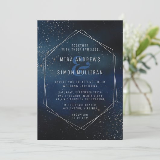 Silver Galaxy Wedding Invitation Kaart (Staand voorkant)