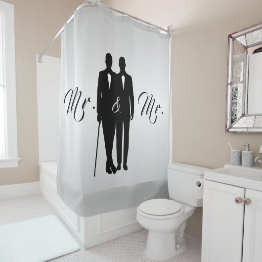 Silver Gay Wedding Grooms met Namen en Datum Douchegordijn (In situ)