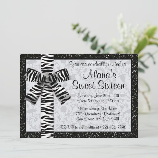 Silver Gedrukte glitter nodigt u uit met Zebra Pri Kaart (Staand voorkant)