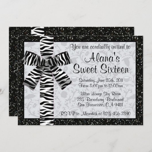 Silver Gedrukte glitter nodigt u uit met Zebra Pri Kaart (Voorkant / Achterkant)