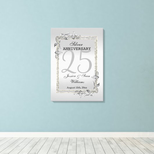 Silver Gem en Glitter 25th Wedding Jubileum Canvas Afdruk (Insitu (Houten vloer))