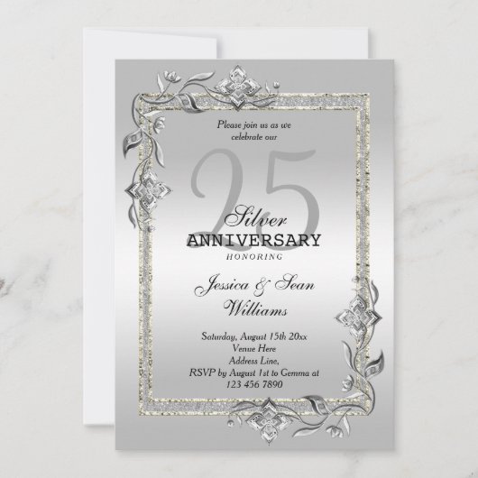 Silver Gem en Glitter 25th Wedding Jubileum Kaart (Voorkant)