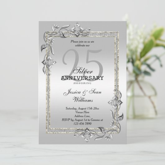 Silver Gem en Glitter 25th Wedding Jubileum Kaart (Staand voorkant)