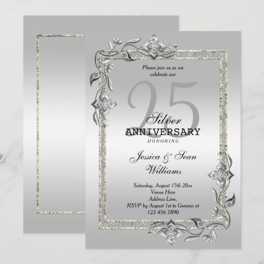 Silver Gem en Glitter 25th Wedding Jubileum Kaart (Voorkant / Achterkant)