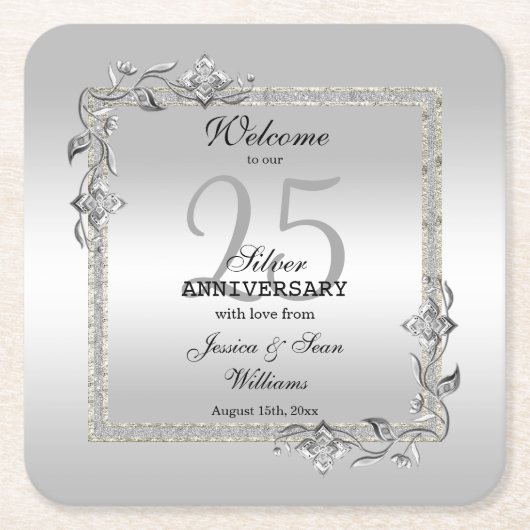 Silver Gem en Glitter 25th Wedding Jubileum Kartonnen Onderzetters (Voorkant)