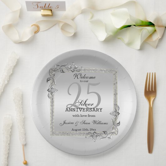 Silver Gem en Glitter 25th Wedding Jubileum Papieren Bordje (Huwelijk)